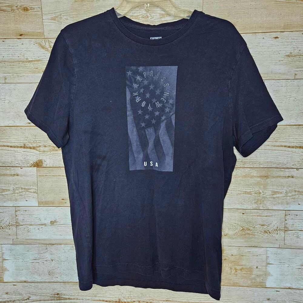 Express Mens L Patriotic Flag T-Shirt Cotton USA American New York Black Tee